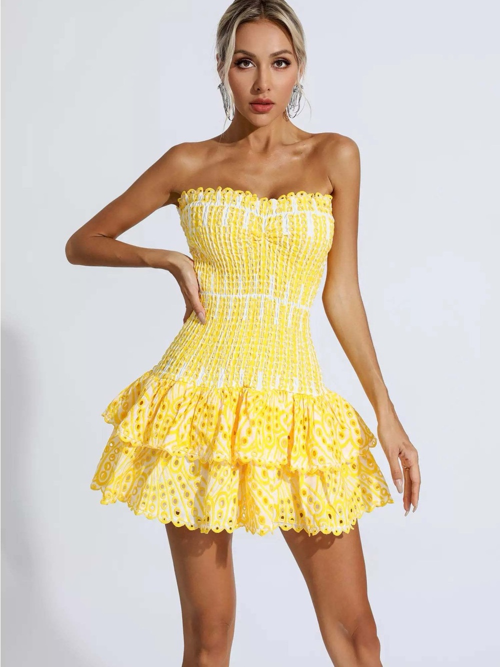 Yellow Strapless Ruffle Mini Dress - Picture 2 of 5